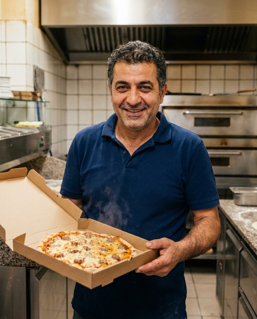 Inhaber mit fertiger Pizza-Ritter-Marke in seiner Küche